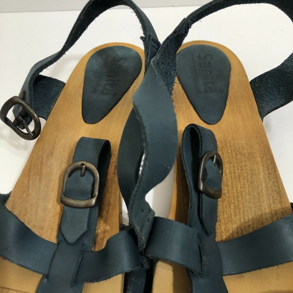 Sanita Olise Flex Blue Leather Wooden Platform Sandals Womens Size 38 US 7 - 7.5 - Picture 5 of 10